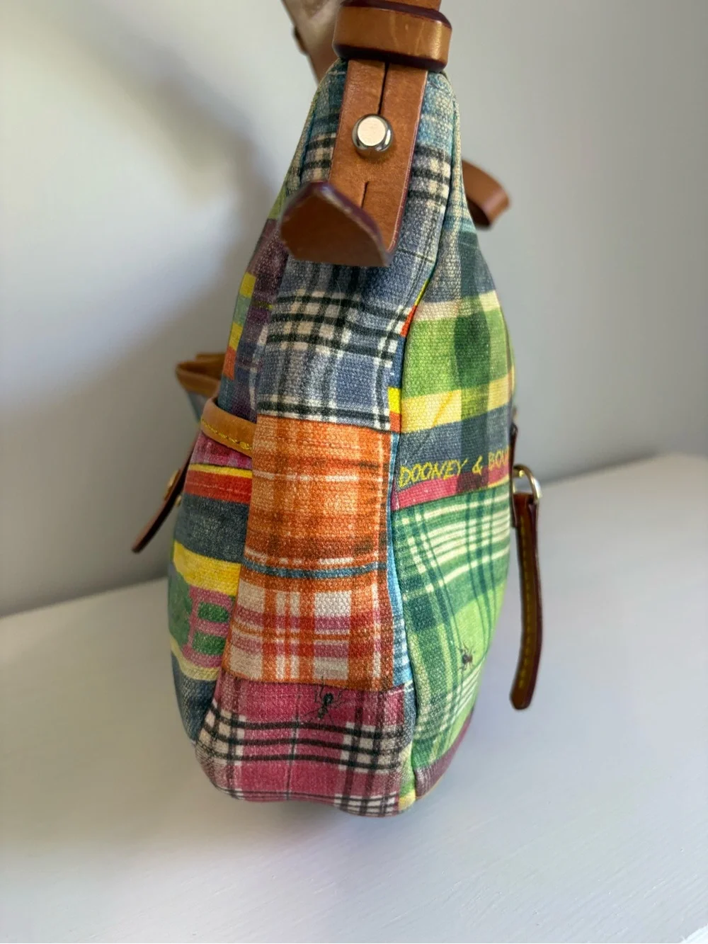 RARE Vtg Dooney & Bourke Picnic with Ants Madras Plaid Hobo Bag | Y2K Boho Chic - Picture 10 of 14